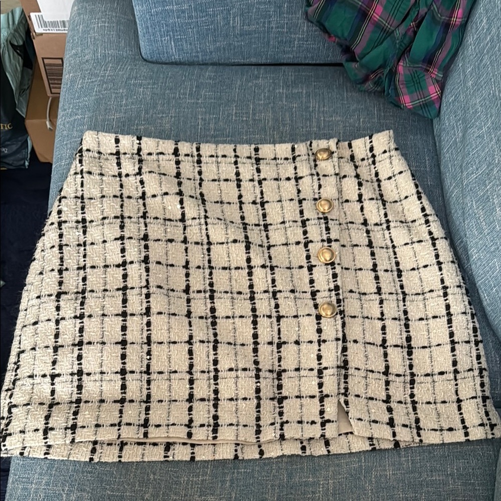 Express Cream and Black Plaid A-Line Skirt